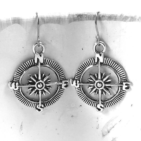 Miniature Compass Direction Navigation Charm Earrings - Picture 1 of 2